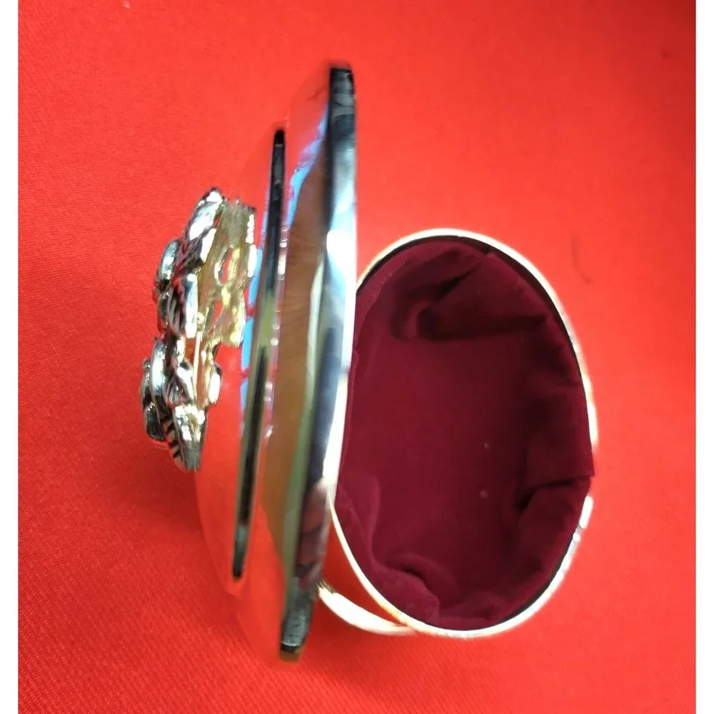 Vintage Silver Plated Roses Hinged Cover Trinket Jewelry Box Red Velvet Lining
